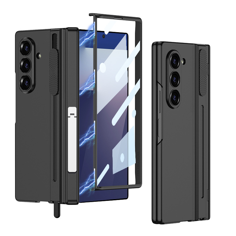 Compatible with Samsung Z Fold7 phone case W26 magnetic hinge bracket push-pull pen slot case film drop protection case - Black + Black Case & Screen Protector with Side Stand Samsung Z Fold7