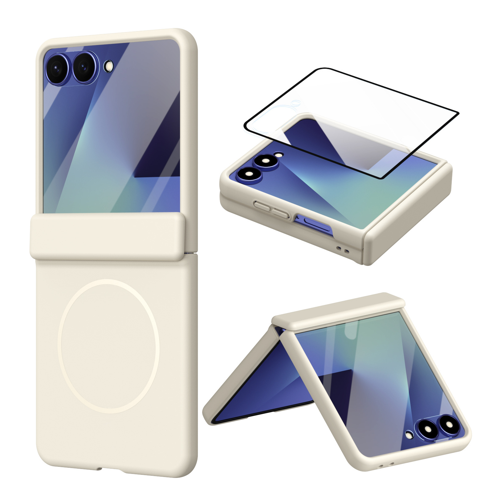 Compatible with Samsung ZFlip 8/7 phone case, 6/5cm wireless charging, magnetic clasp, central axis case, full coverage, 4/3cm ultra-thin protective case. - Apricot White [Casing and Screen Protector] with Built-in Magnetic Residue Samsung Z Flip8