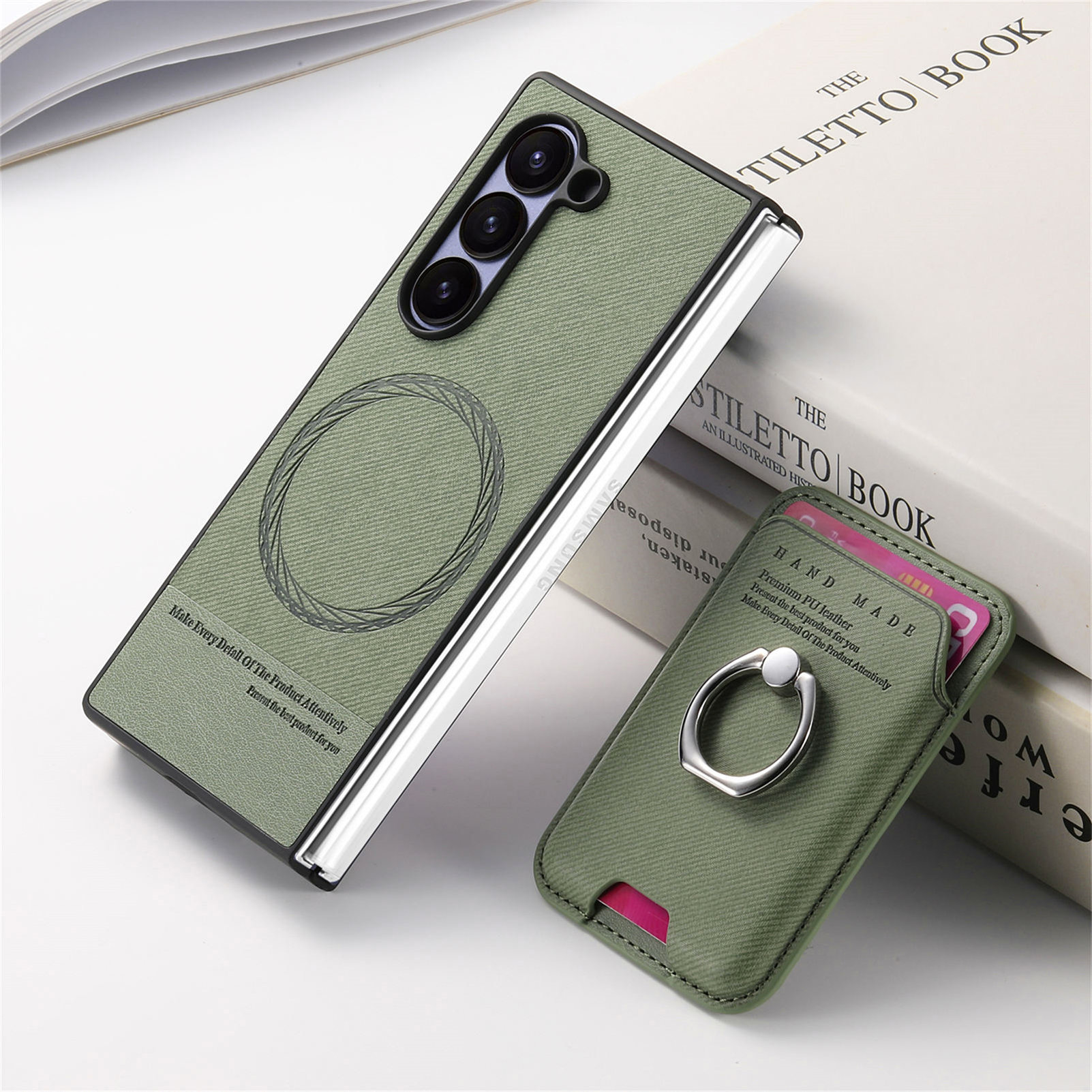 Compatible with Samsung Z Fold7/6/5 phone cases, 4/3 magnetic card holder, ring holder, and Honor V5 vegan leather protective case. - Green + Ring Magnetic Card Holder Samsung-Z Fold7