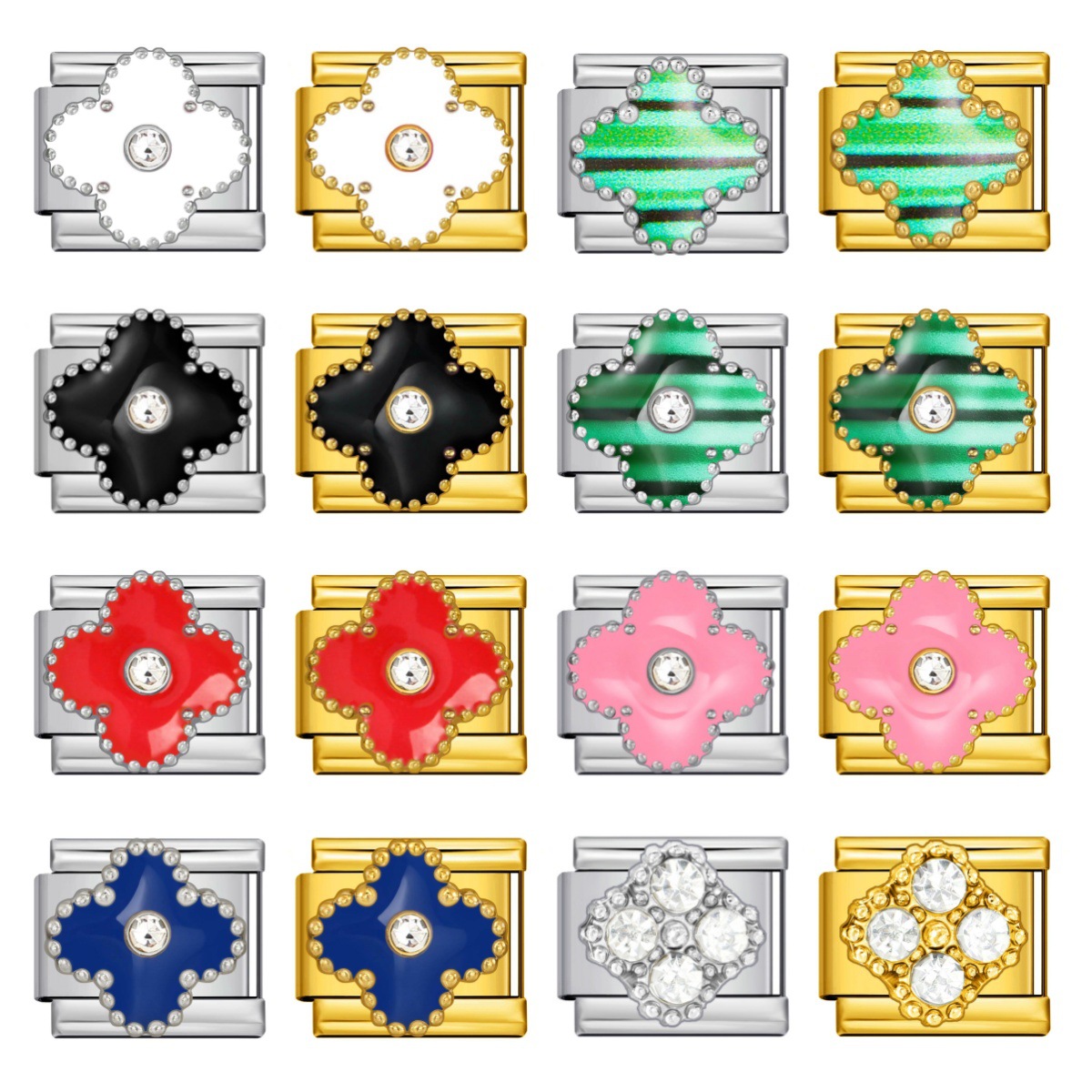 Four-leaf clover series with rhinestones, handmade modular DIY stainless steel welded dripping watch strap chain, Italian modular bracelet.