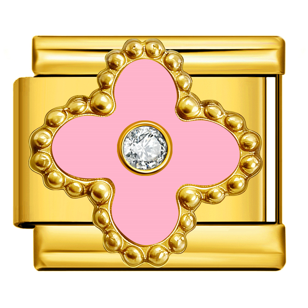 Four-leaf clover series with rhinestones, handmade modular DIY stainless steel welded dripping watch strap chain, Italian modular bracelet.