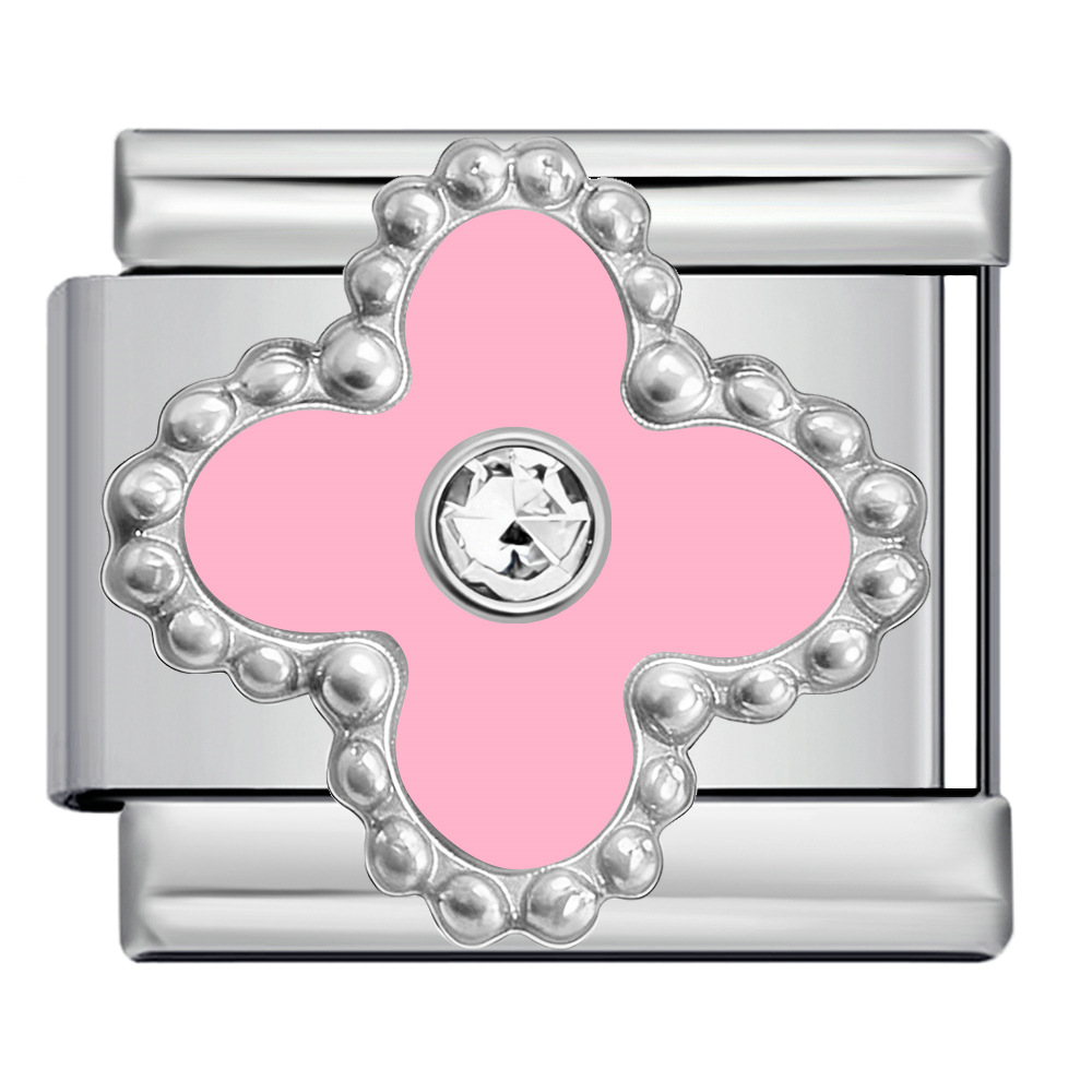 Four-leaf clover series with rhinestones, handmade modular DIY stainless steel welded dripping watch strap chain, Italian modular bracelet.