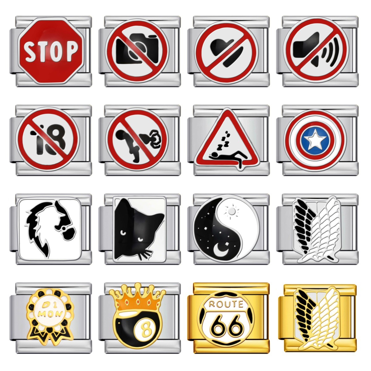 New Prohibition Sign Pattern Italian Modular Bracelet, Stainless Steel Welded Gold Plated Oil Drip DIY Jewelry