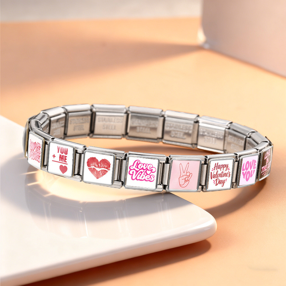 Cross-border best-selling Valentine's Day element LOVE series Italian modular bracelet square pattern titanium steel watch strap chain