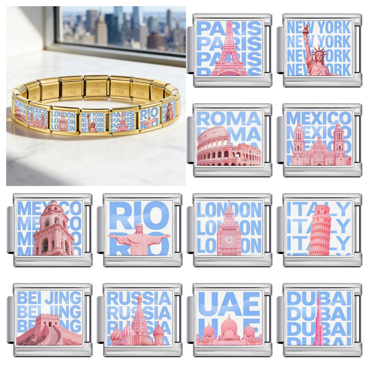 New Landmark Pattern DIY Patchwork Bangle Stainless Steel Handmade Italian Modular Accessories Bracelet Watch Strap Chain