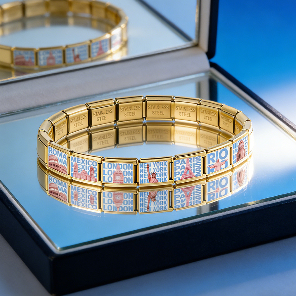New Landmark Pattern DIY Patchwork Bangle Stainless Steel Handmade Italian Modular Accessories Bracelet Watch Strap Chain