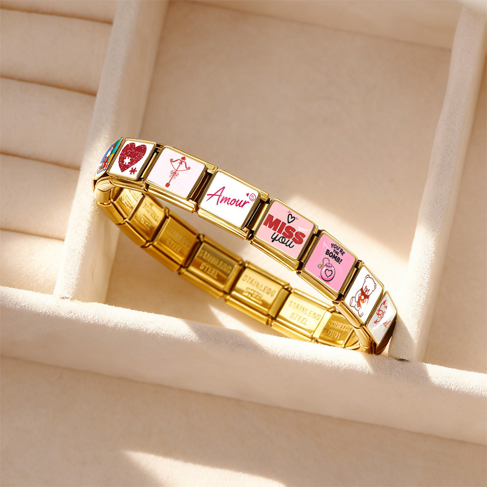 New Pink Valentine's Day Series Italian Modular Bracelet DIY Stainless Steel Elastic Bangle Accessory Gift
