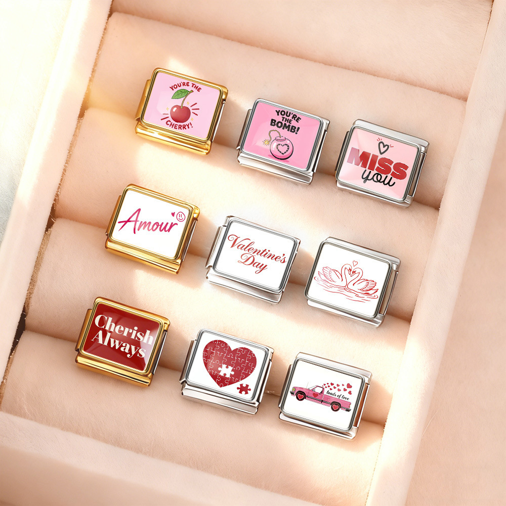 New Pink Valentine's Day Series Italian Modular Bracelet DIY Stainless Steel Elastic Bangle Accessory Gift