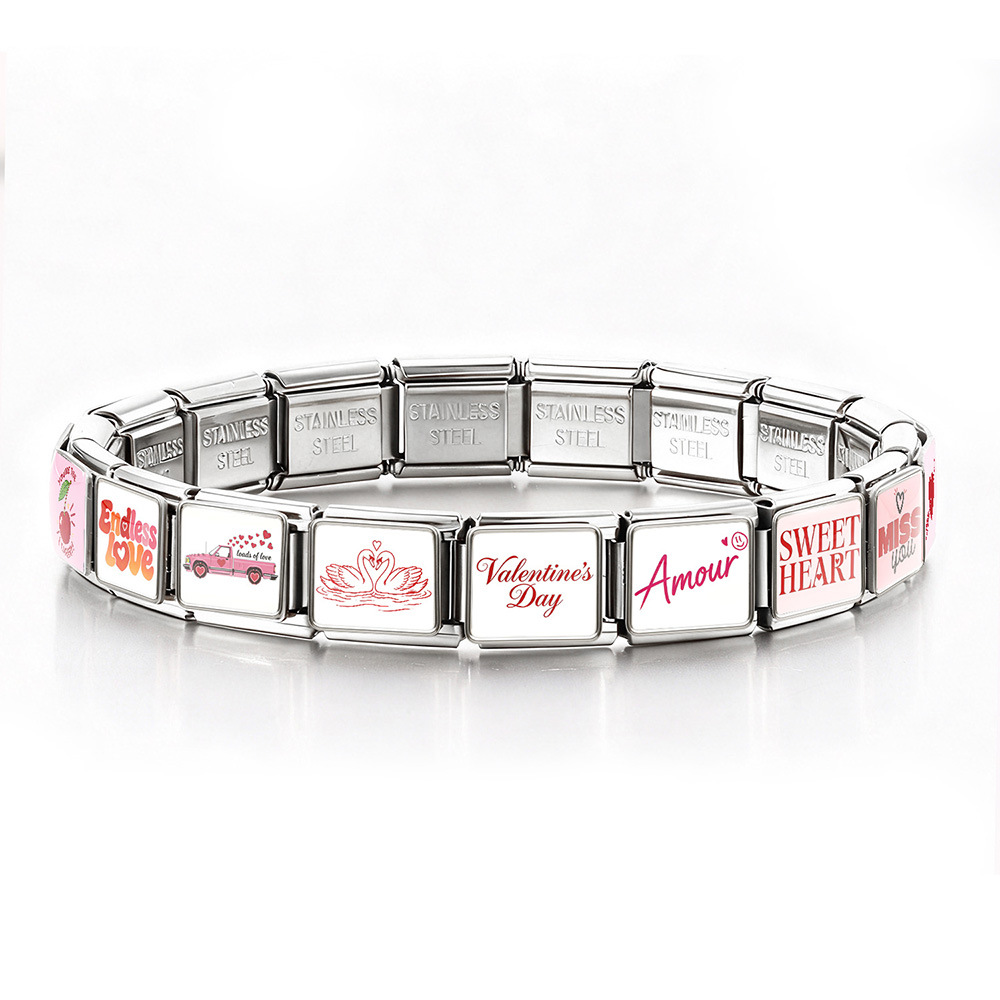 New Pink Valentine's Day Series Italian Modular Bracelet DIY Stainless Steel Elastic Bangle Accessory Gift