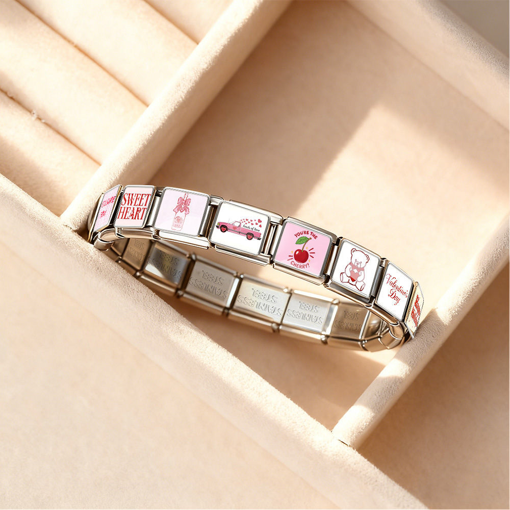 New Pink Valentine's Day Series Italian Modular Bracelet DIY Stainless Steel Elastic Bangle Accessory Gift