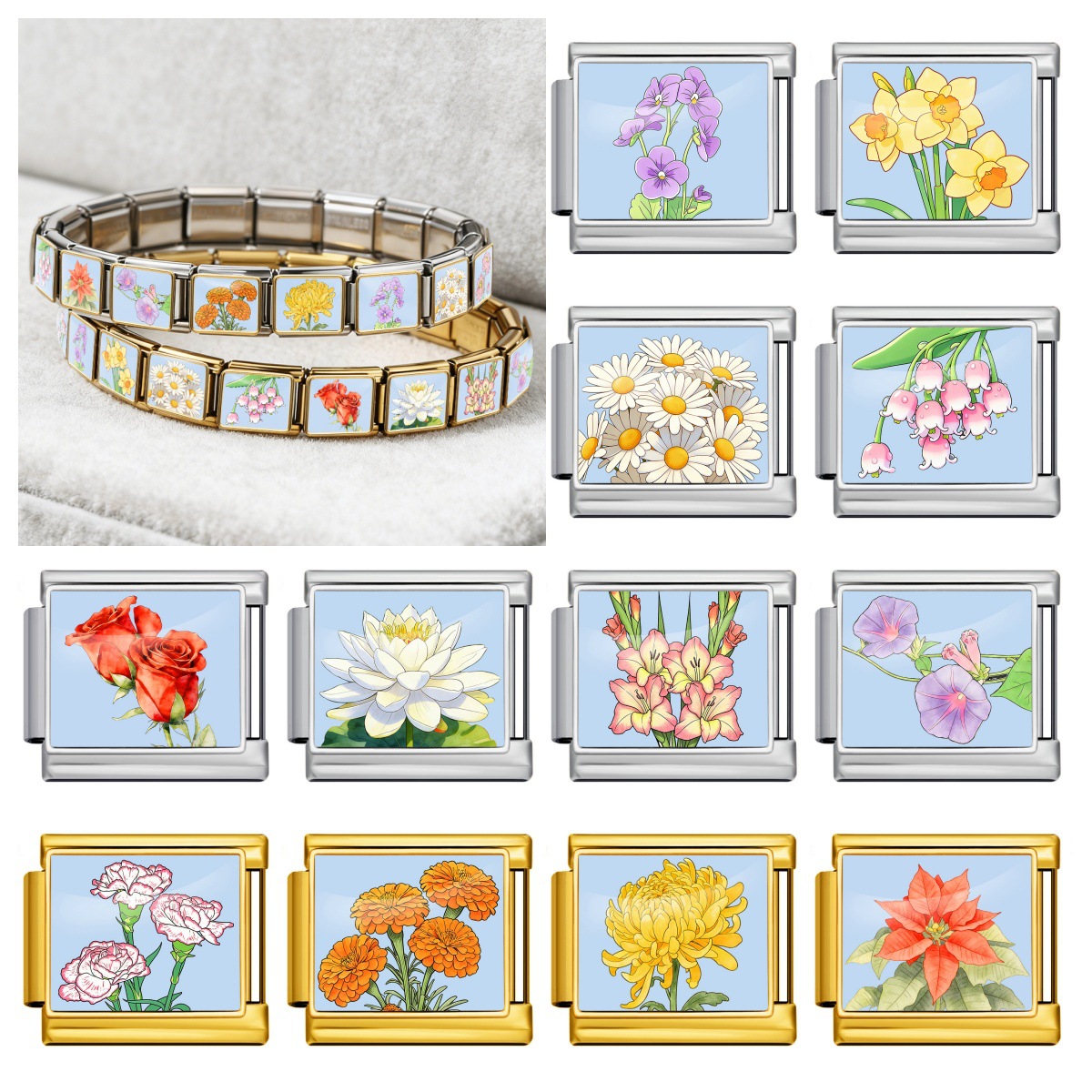 Monthly Birthday Flower Italian Modular Bracelet Photo Style Stainless Steel Handmade DIY Detachable Watch Strap Chain