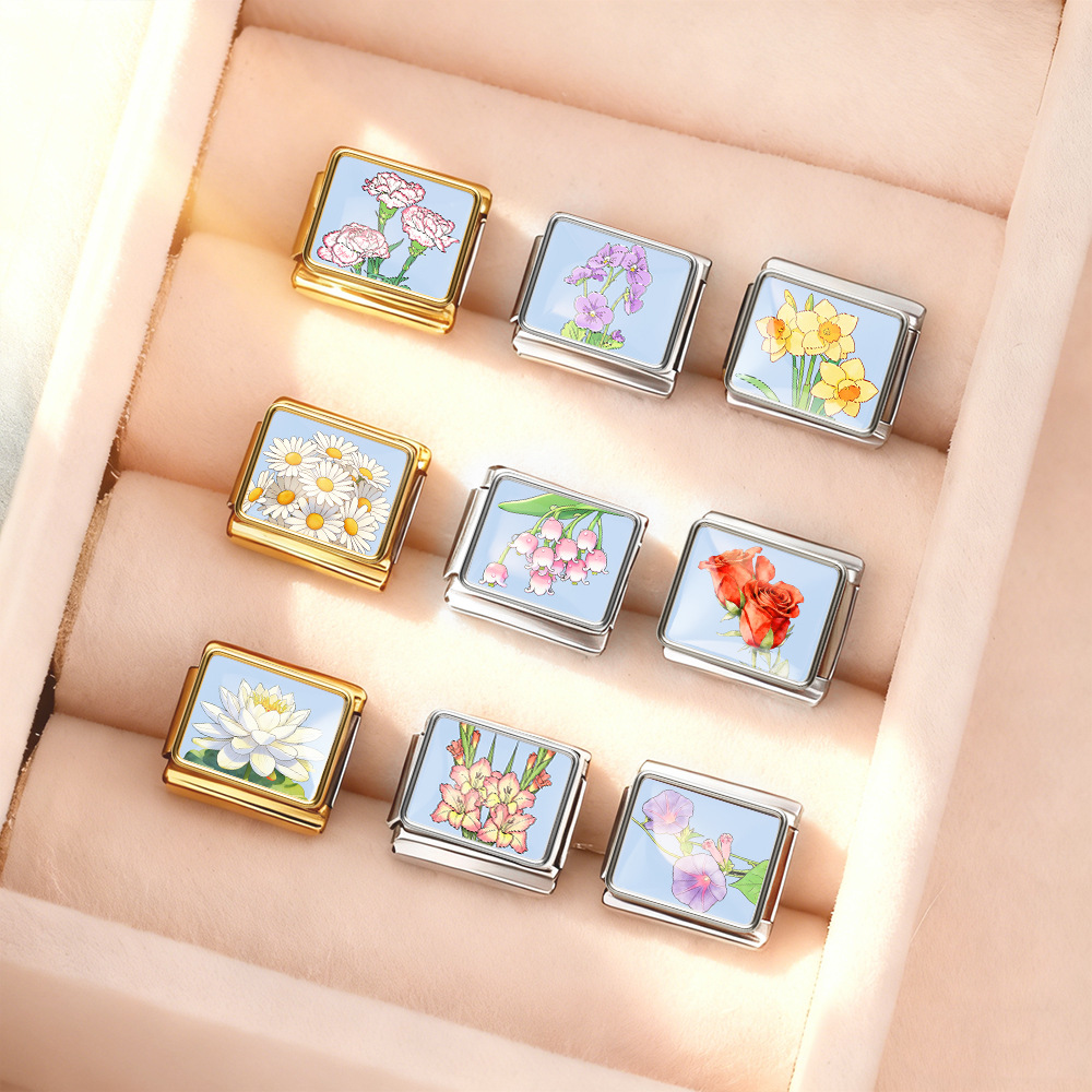 Monthly Birthday Flower Italian Modular Bracelet Photo Style Stainless Steel Handmade DIY Detachable Watch Strap Chain