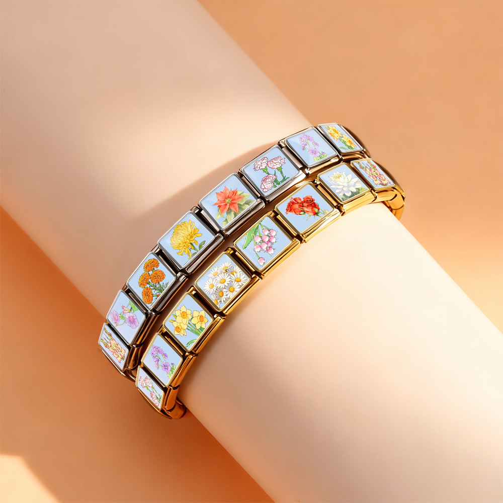 Monthly Birthday Flower Italian Modular Bracelet Photo Style Stainless Steel Handmade DIY Detachable Watch Strap Chain