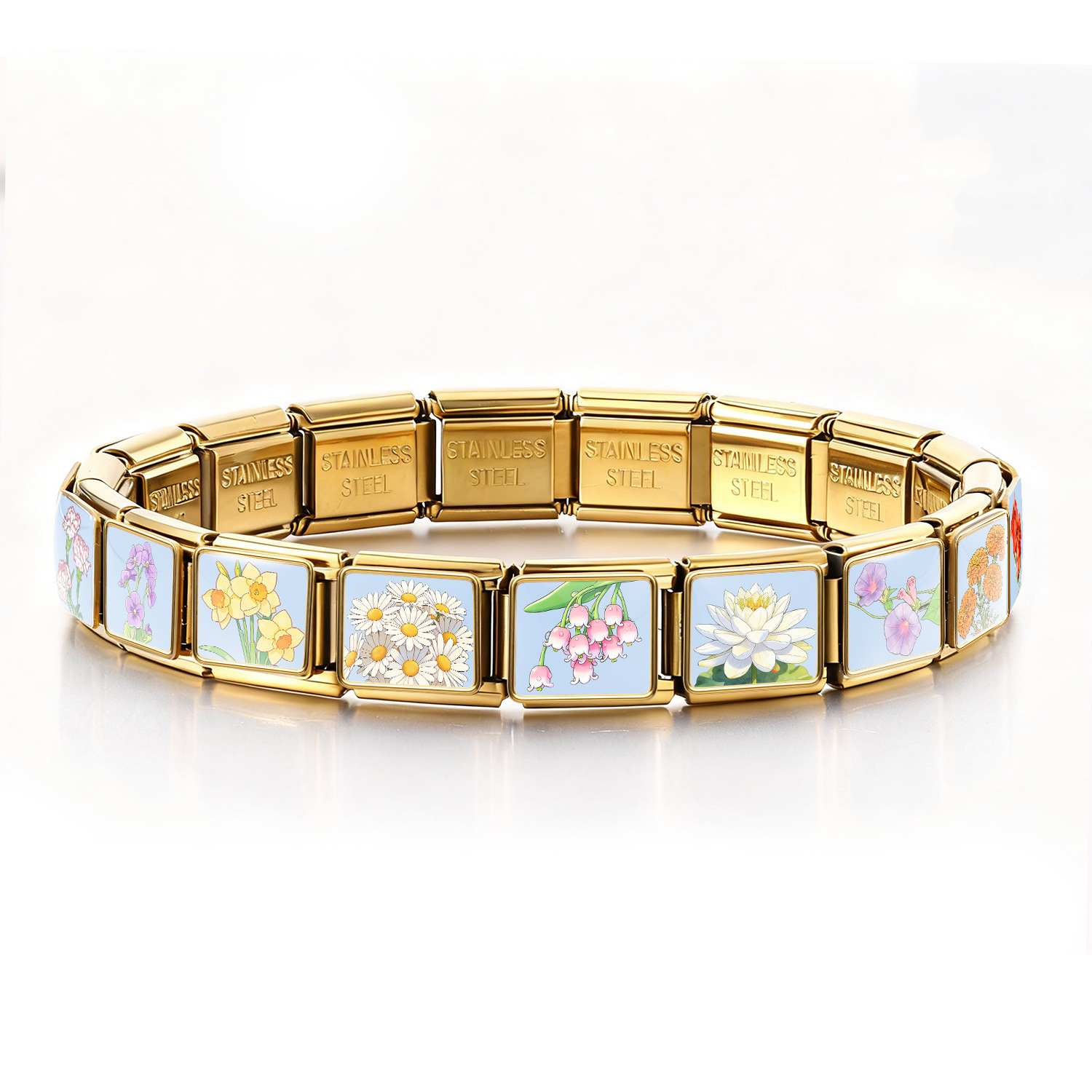 Monthly Birthday Flower Italian Modular Bracelet Photo Style Stainless Steel Handmade DIY Detachable Watch Strap Chain
