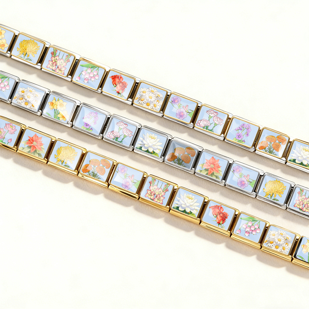 Monthly Birthday Flower Italian Modular Bracelet Photo Style Stainless Steel Handmade DIY Detachable Watch Strap Chain