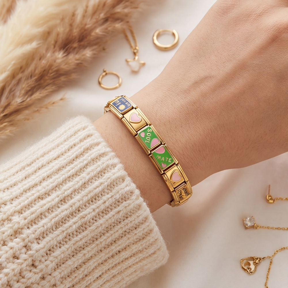 Love module bracelet set, gold-plated, oil-sprinkled, DIY welded pattern watch strap chain, Italian bracelet gift.