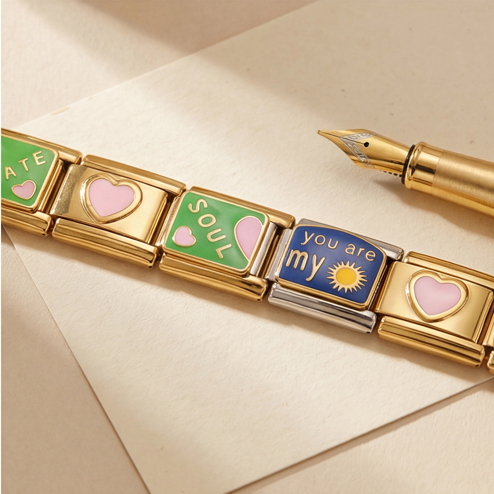 Love module bracelet set, gold-plated, oil-sprinkled, DIY welded pattern watch strap chain, Italian bracelet gift.