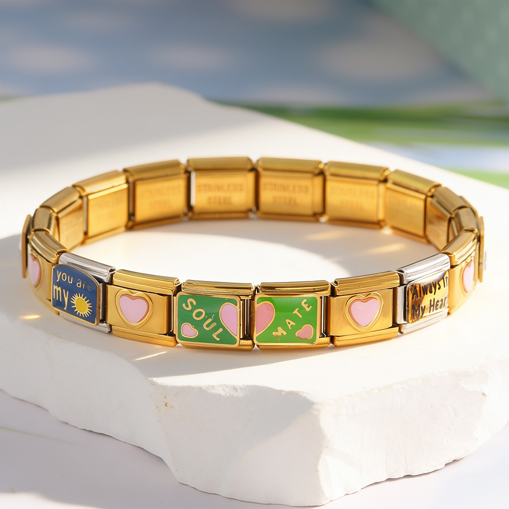Love module bracelet set, gold-plated, oil-sprinkled, DIY welded pattern watch strap chain, Italian bracelet gift.