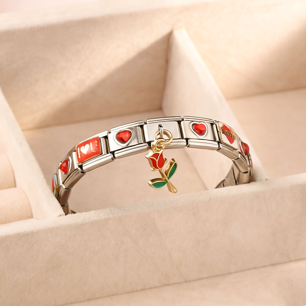 Red Heart Rose Module Set Stainless Steel Watch Strap Chain DIY Modular Jewelry Bracelet