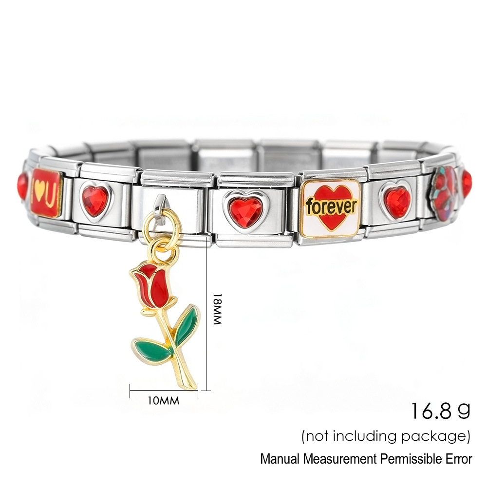 Red Heart Rose Module Set Stainless Steel Watch Strap Chain DIY Modular Jewelry Bracelet