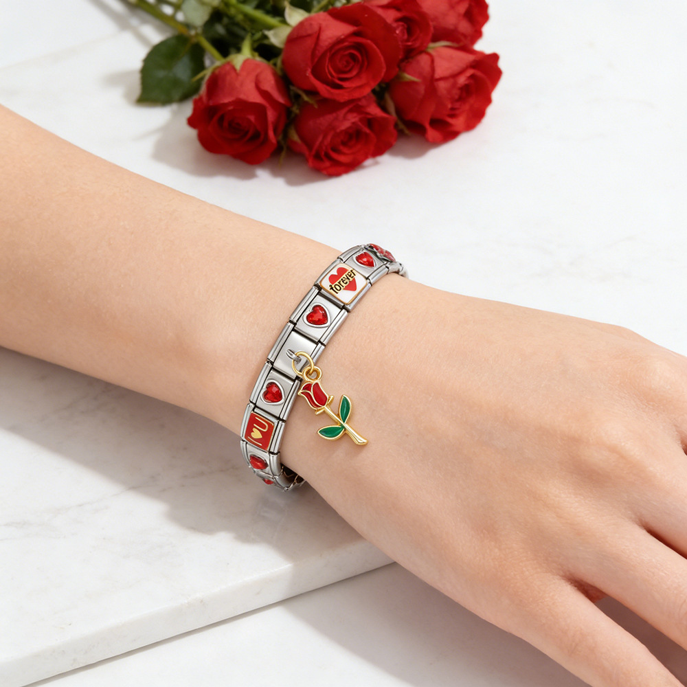 Red Heart Rose Module Set Stainless Steel Watch Strap Chain DIY Modular Jewelry Bracelet