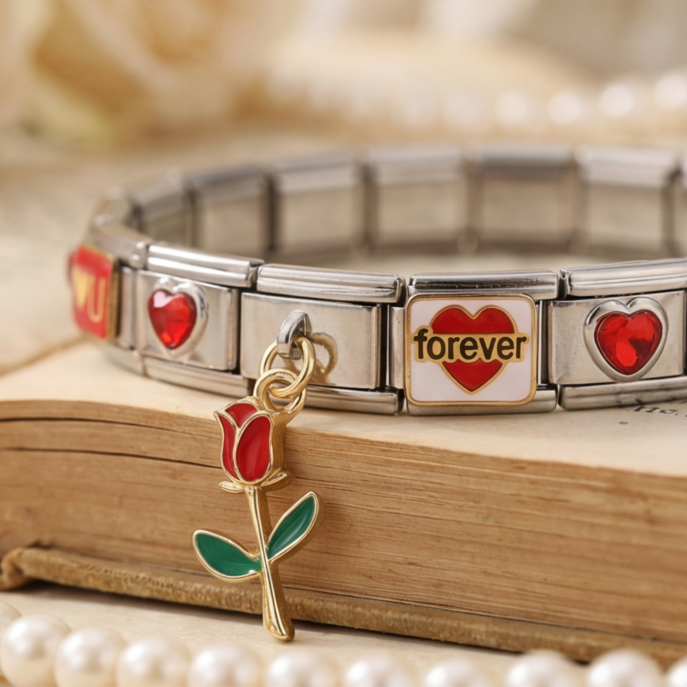Red Heart Rose Module Set Stainless Steel Watch Strap Chain DIY Modular Jewelry Bracelet