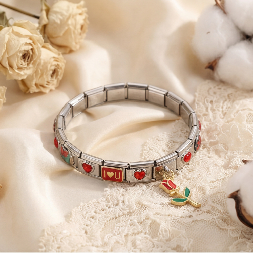 Red Heart Rose Module Set Stainless Steel Watch Strap Chain DIY Modular Jewelry Bracelet