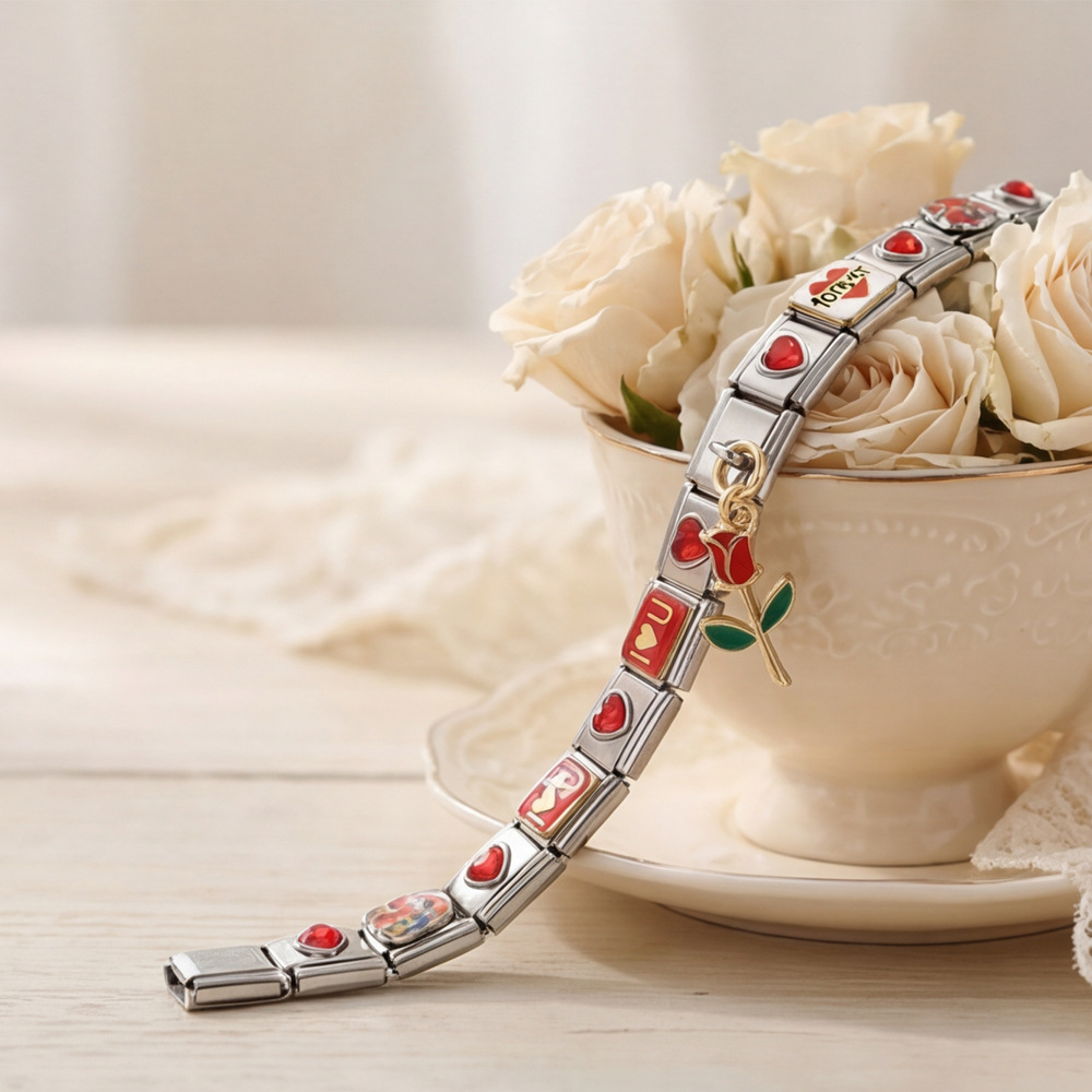 Red Heart Rose Module Set Stainless Steel Watch Strap Chain DIY Modular Jewelry Bracelet