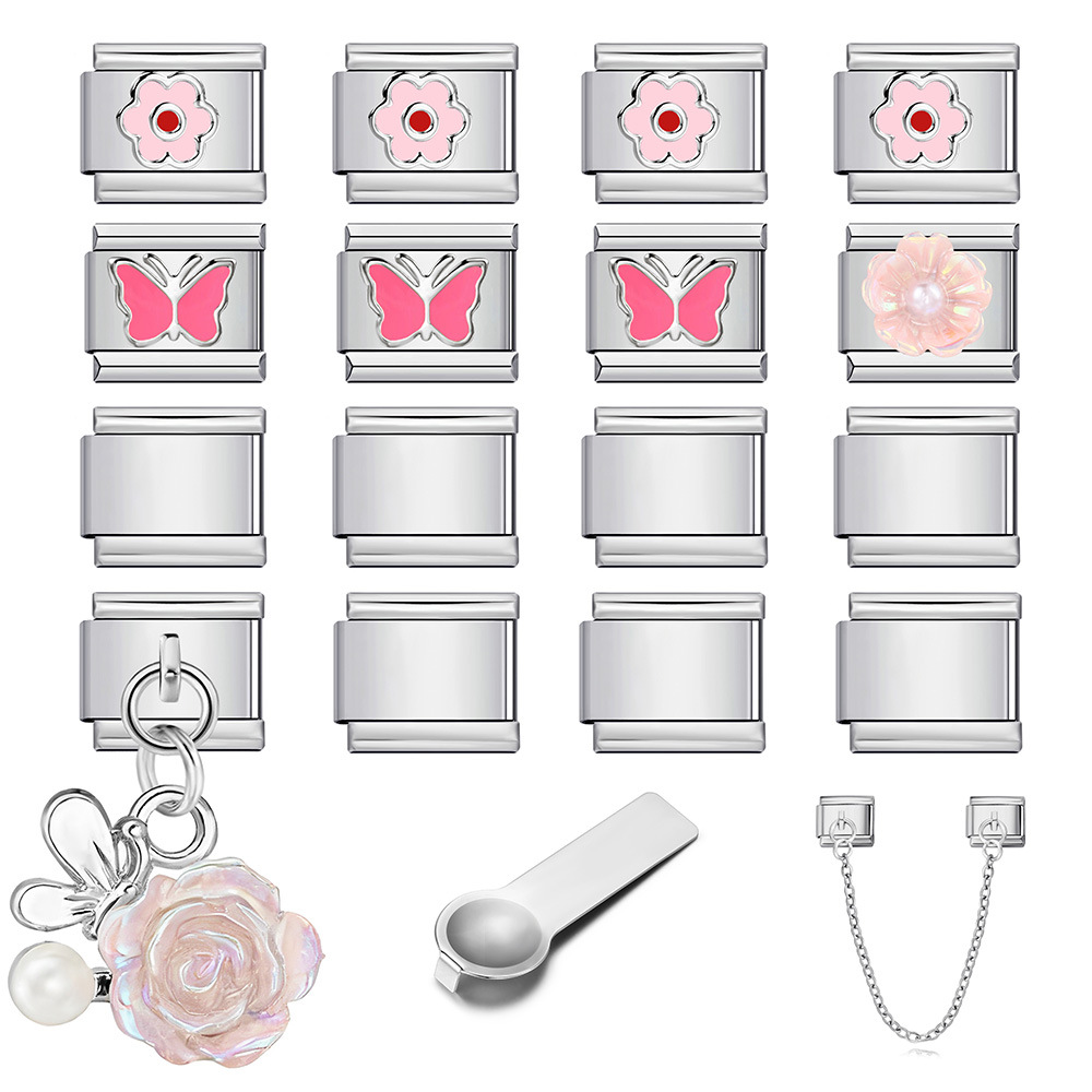 DIY Stainless Steel Modular Bracelet Set with Flower and Butterfly Designs, Featuring Drip-Patterned Patterns and Flexible Patchwork Bangle
