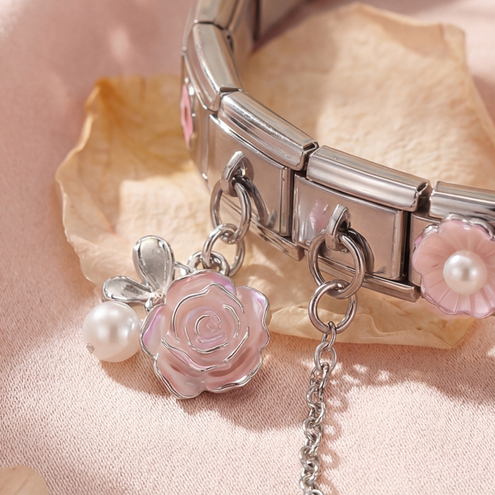 DIY Stainless Steel Modular Bracelet Set with Flower and Butterfly Designs, Featuring Drip-Patterned Patterns and Flexible Patchwork Bangle