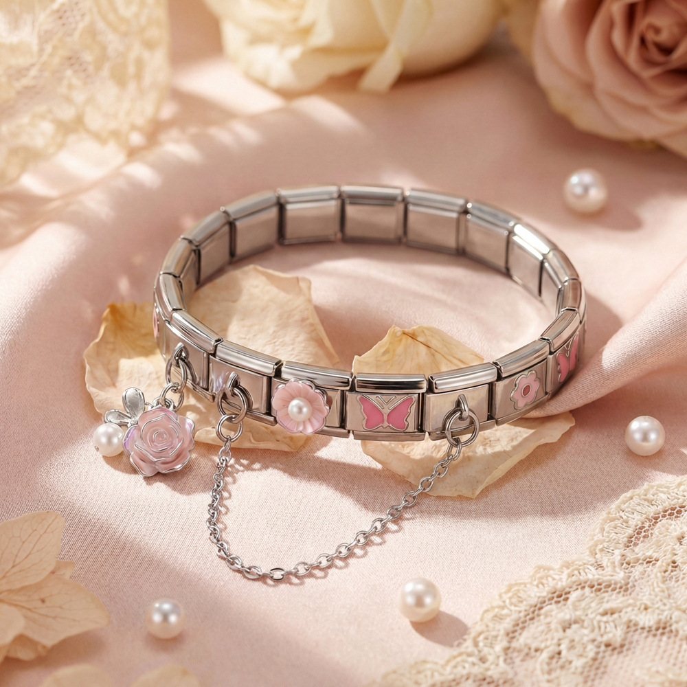 DIY Stainless Steel Modular Bracelet Set with Flower and Butterfly Designs, Featuring Drip-Patterned Patterns and Flexible Patchwork Bangle
