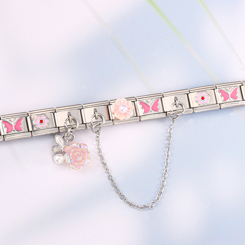 DIY Stainless Steel Modular Bracelet Set with Flower and Butterfly Designs, Featuring Drip-Patterned Patterns and Flexible Patchwork Bangle