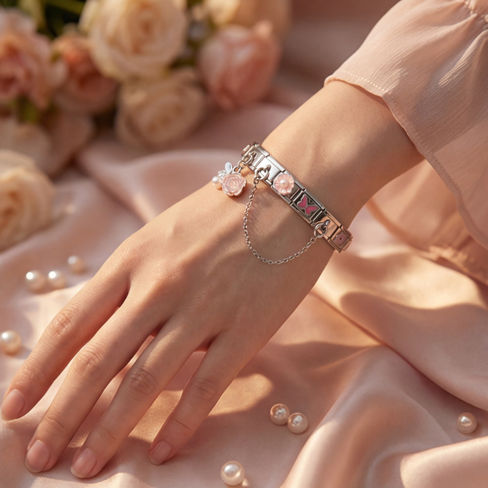 DIY Stainless Steel Modular Bracelet Set with Flower and Butterfly Designs, Featuring Drip-Patterned Patterns and Flexible Patchwork Bangle