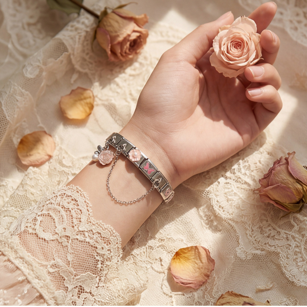 DIY Stainless Steel Modular Bracelet Set with Flower and Butterfly Designs, Featuring Drip-Patterned Patterns and Flexible Patchwork Bangle