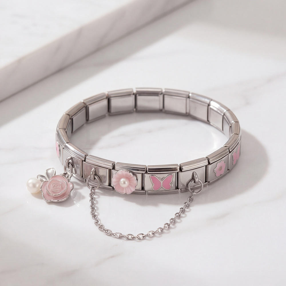 DIY Stainless Steel Modular Bracelet Set with Flower and Butterfly Designs, Featuring Drip-Patterned Patterns and Flexible Patchwork Bangle