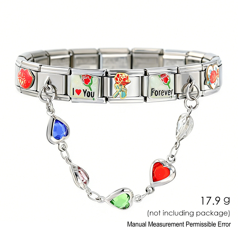 DIY Stainless Steel Heart Pendant Flower Module Bracelet Set - Multifunctional Elastic Detachable Watch Strap
