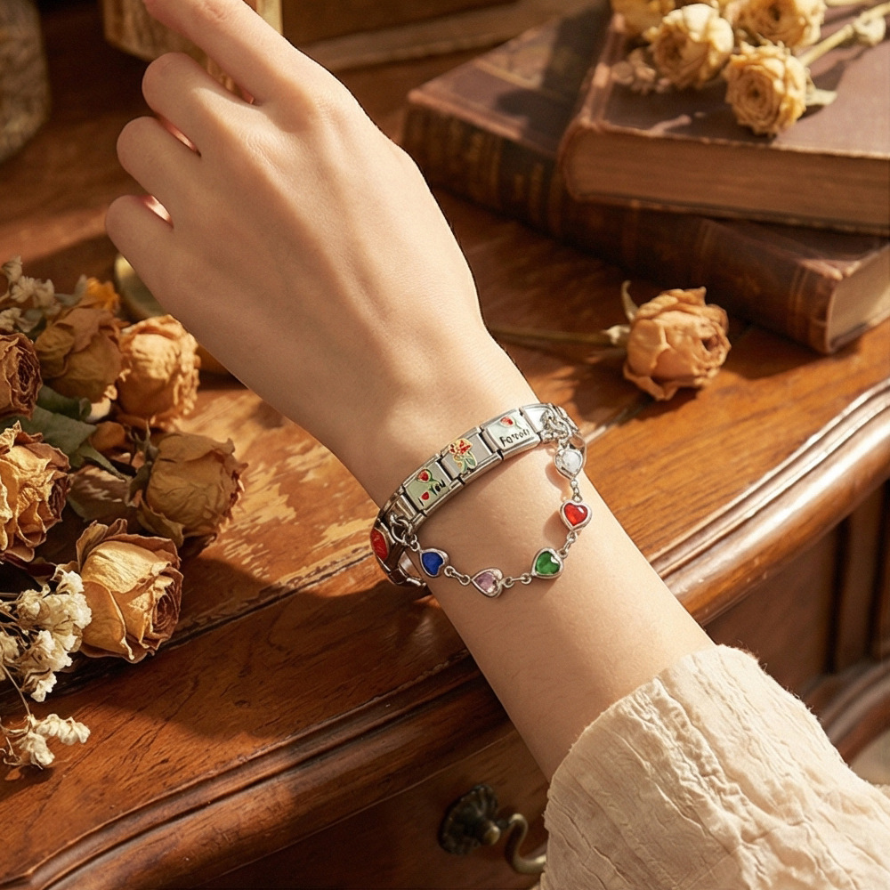 DIY Stainless Steel Heart Pendant Flower Module Bracelet Set - Multifunctional Elastic Detachable Watch Strap