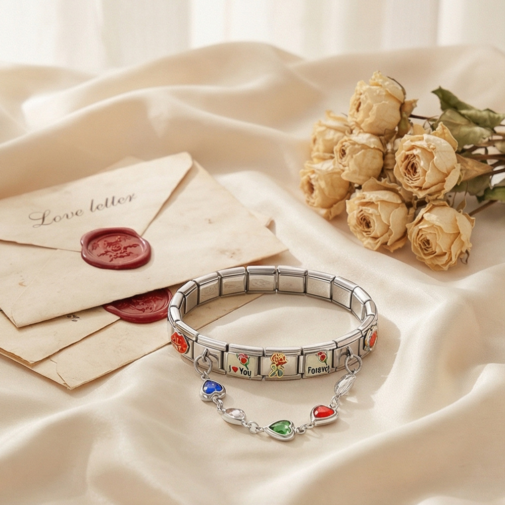 DIY Stainless Steel Heart Pendant Flower Module Bracelet Set - Multifunctional Elastic Detachable Watch Strap