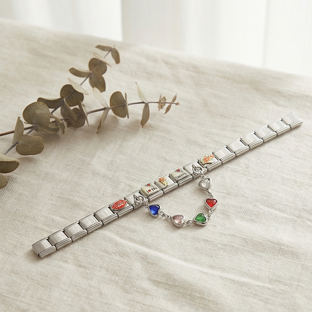 DIY Stainless Steel Heart Pendant Flower Module Bracelet Set - Multifunctional Elastic Detachable Watch Strap