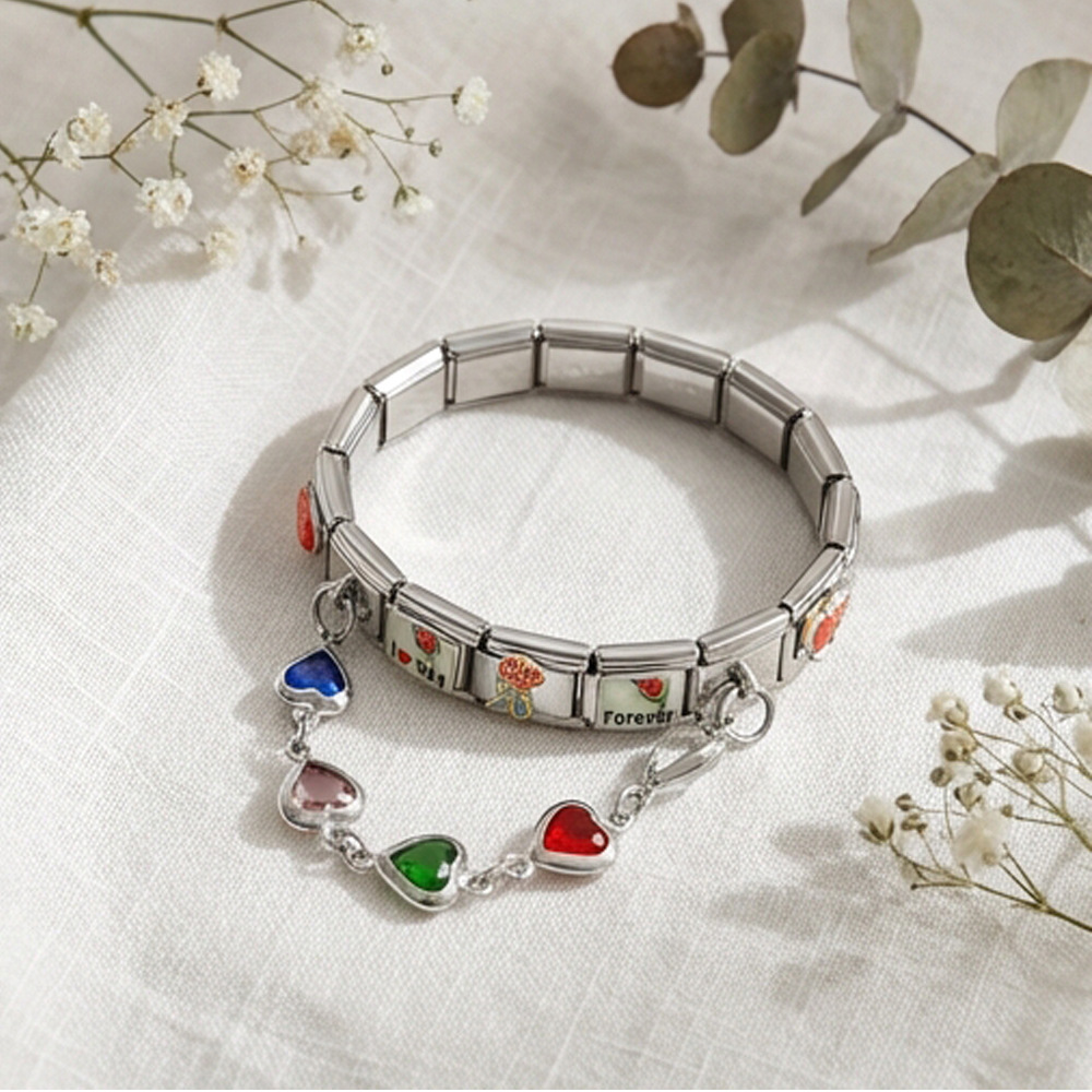 DIY Stainless Steel Heart Pendant Flower Module Bracelet Set - Multifunctional Elastic Detachable Watch Strap