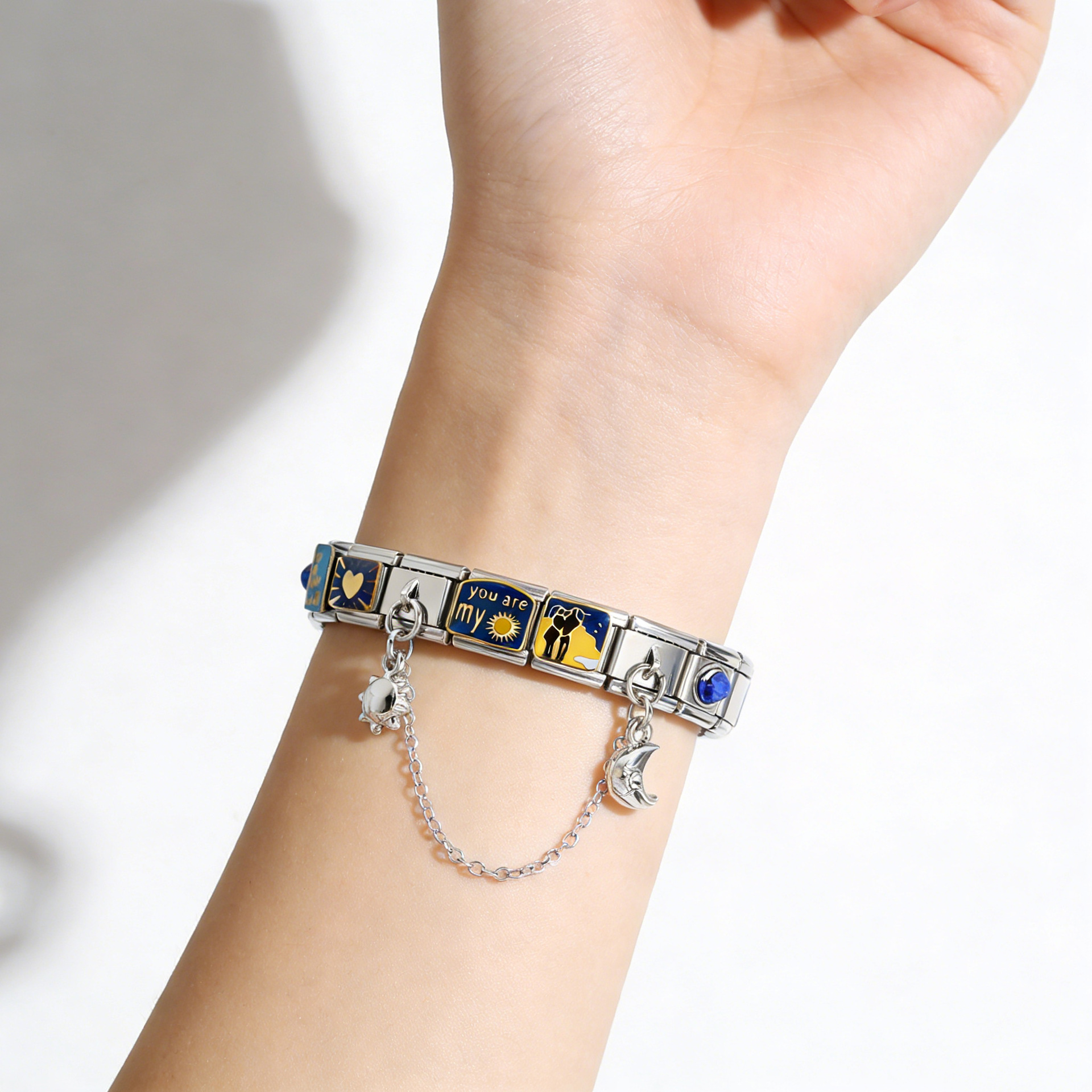 New Blue Star and Moon Module Bracelet Set DIY Stainless Steel Welded Oil Drip Pattern Pendant Bangle Jewelry
