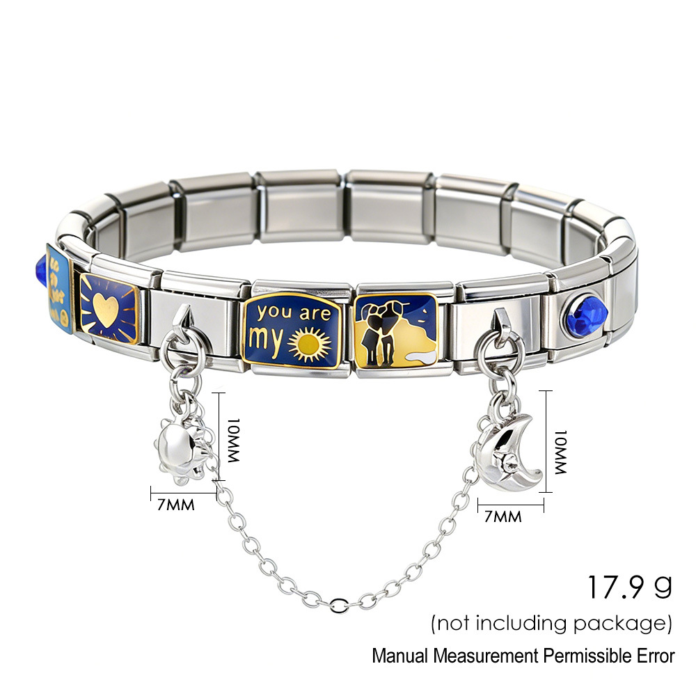 New Blue Star and Moon Module Bracelet Set DIY Stainless Steel Welded Oil Drip Pattern Pendant Bangle Jewelry