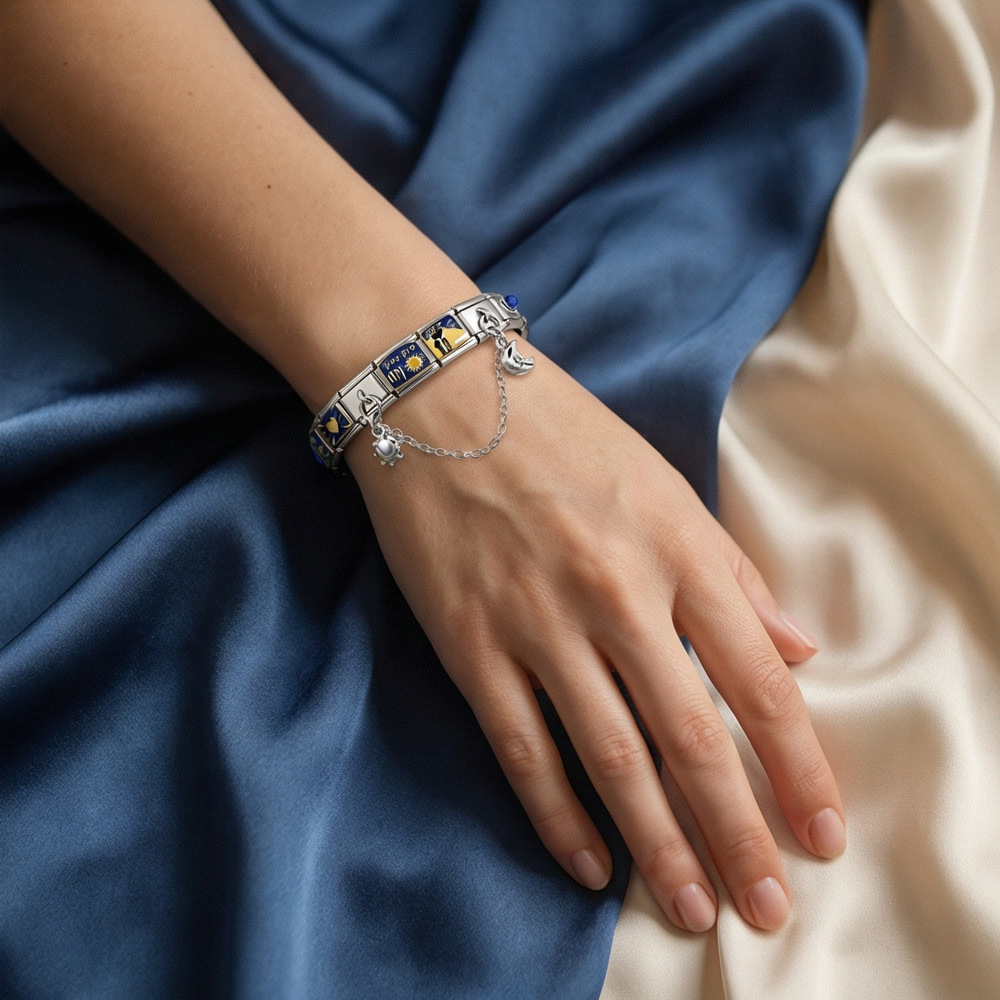 New Blue Star and Moon Module Bracelet Set DIY Stainless Steel Welded Oil Drip Pattern Pendant Bangle Jewelry
