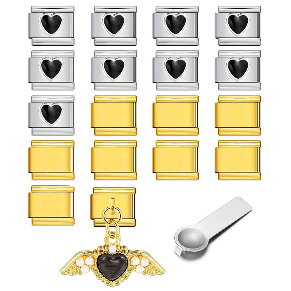 Black Heart Italian Modular Bracelet Set, Stainless Steel Modular Piece Pendant, DIY Bracelet Jewelry