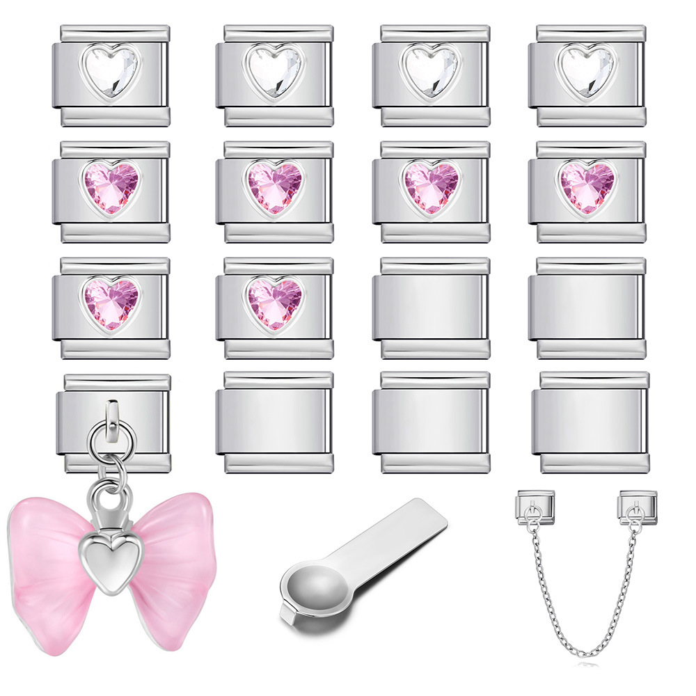 DIY Stainless Steel Pink Heart and Butterfly Pendant Modular Bracelet with Elastic Detachable Watch Strap