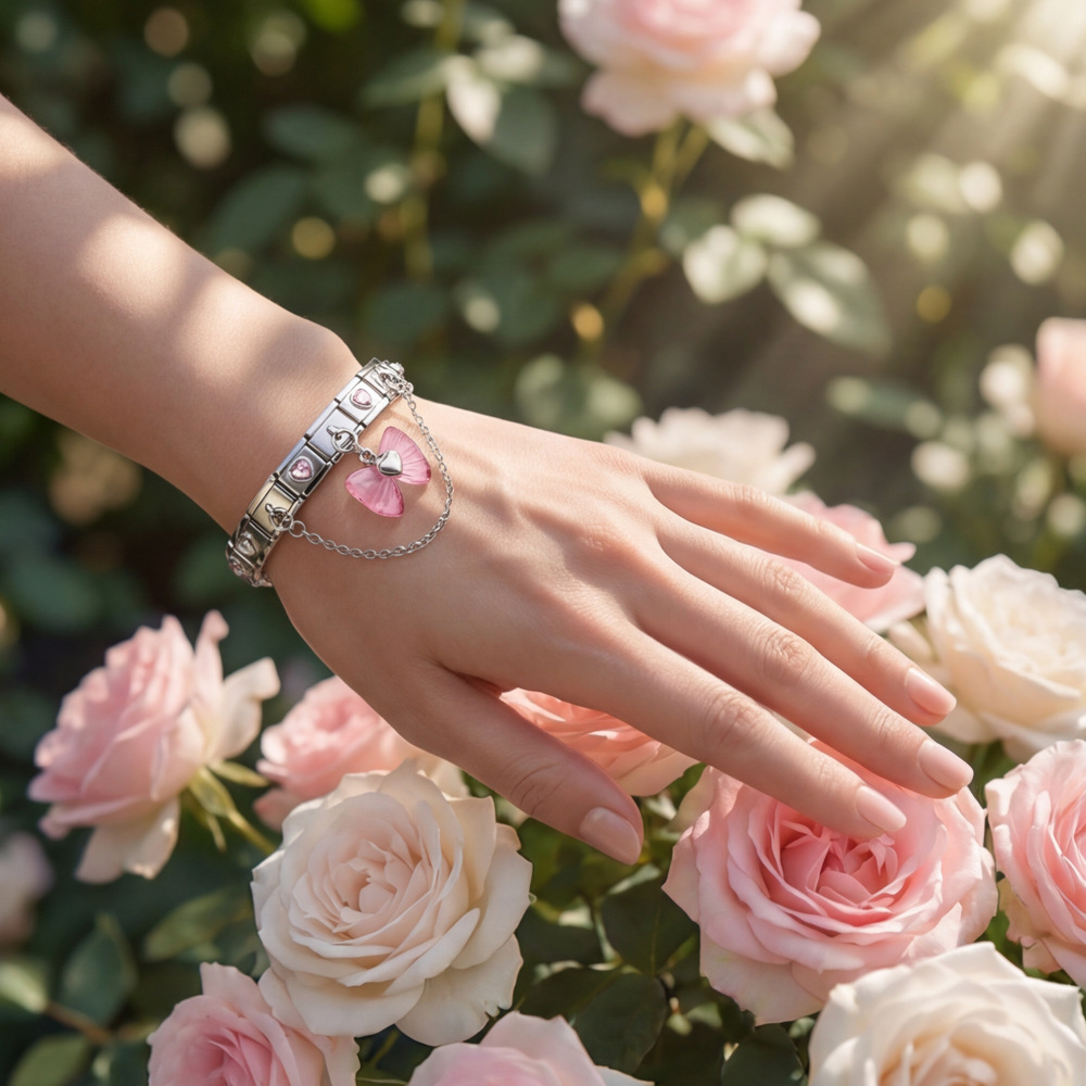 DIY Stainless Steel Pink Heart and Butterfly Pendant Modular Bracelet with Elastic Detachable Watch Strap