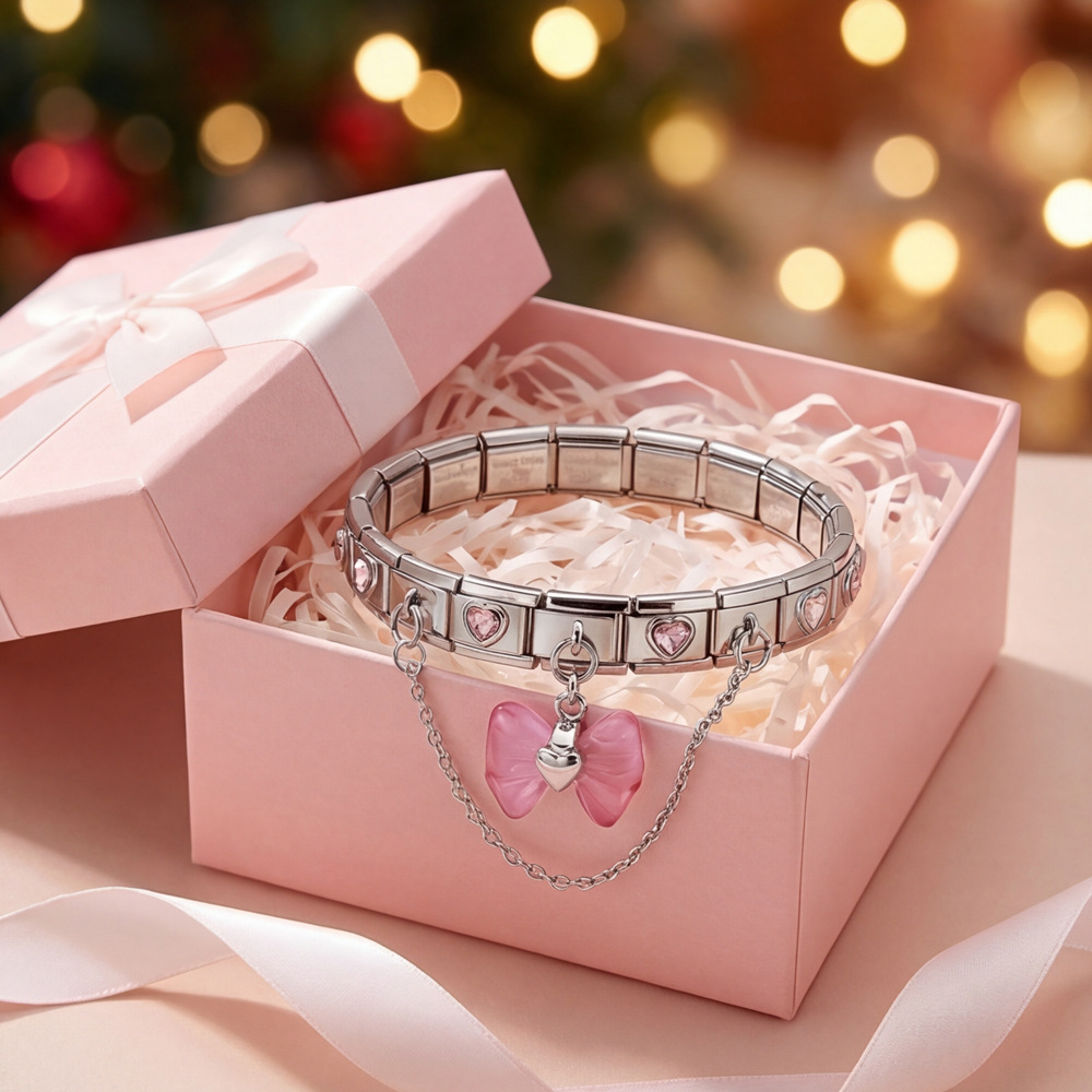DIY Stainless Steel Pink Heart and Butterfly Pendant Modular Bracelet with Elastic Detachable Watch Strap