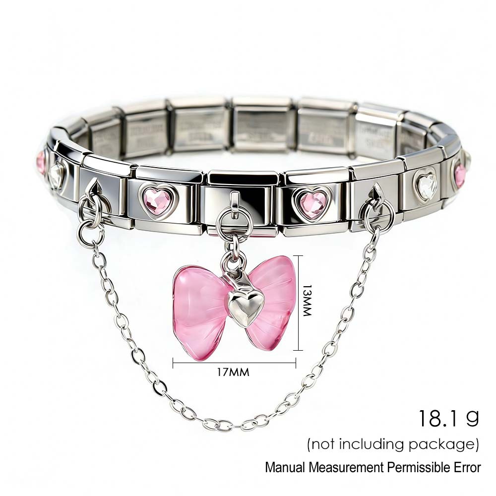 DIY Stainless Steel Pink Heart and Butterfly Pendant Modular Bracelet with Elastic Detachable Watch Strap