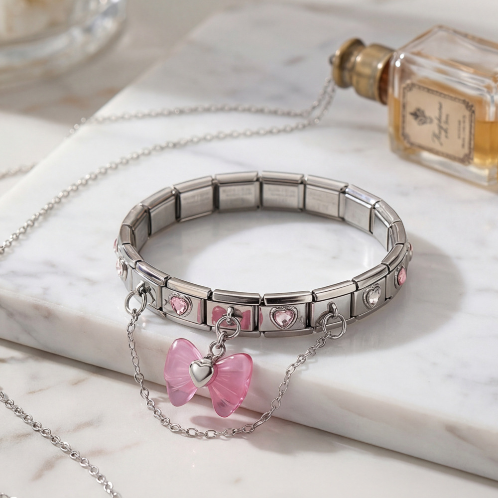 DIY Stainless Steel Pink Heart and Butterfly Pendant Modular Bracelet with Elastic Detachable Watch Strap