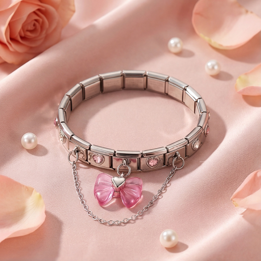 DIY Stainless Steel Pink Heart and Butterfly Pendant Modular Bracelet with Elastic Detachable Watch Strap